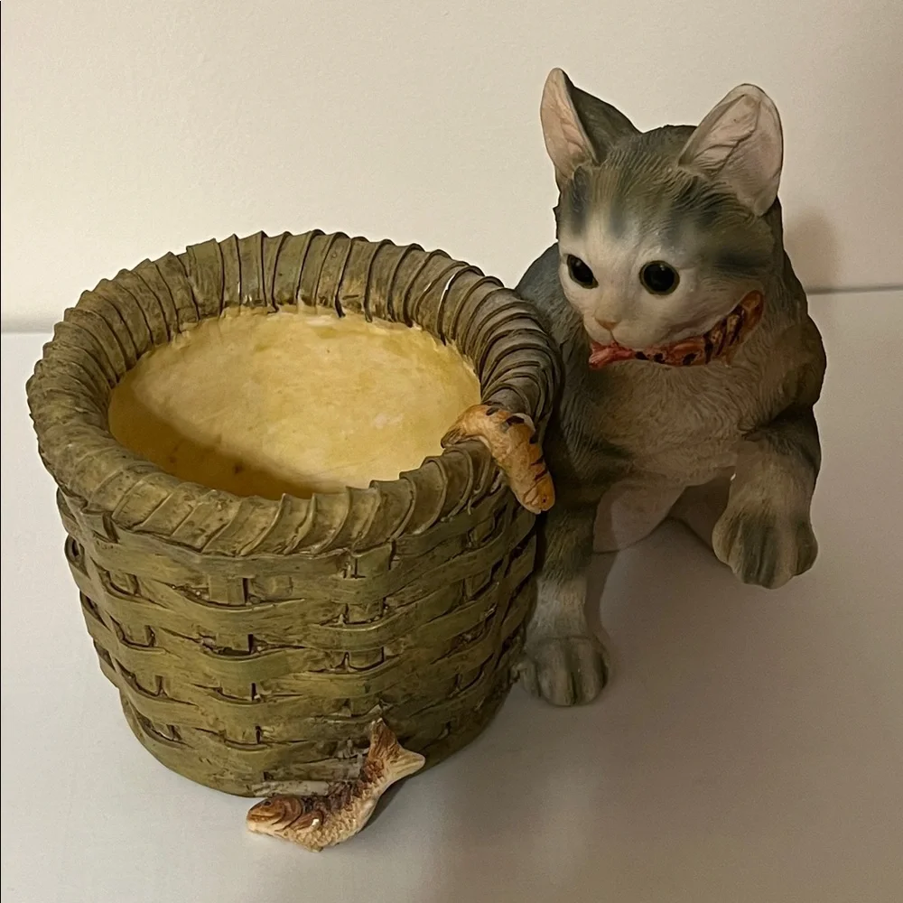 Charming Cat and Basket Figurine - Brown and Tan. Can be used as a Planter.